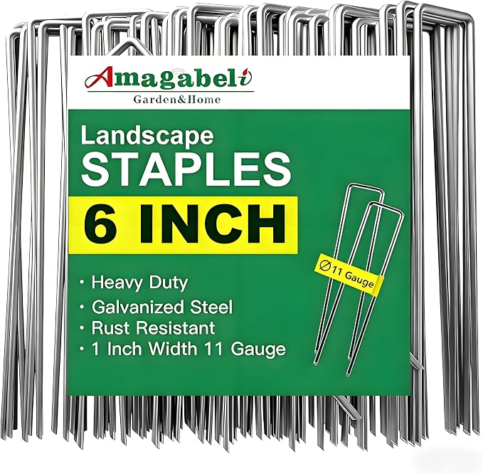 AMAGABELI 6 Inch 200 Pack Galvanized Landscape Staples 11 Gauge Anti-Rust Heavy Duty Garden Stakes Plant Cover Spikes U-Shaped Sod Pins Fence Stakes for Weed Barrier,Irrigation Tubing,Lawns,Decoration