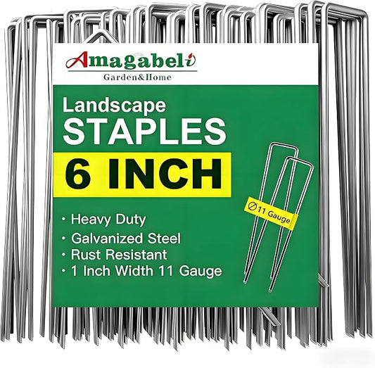 AMAGABELI 6 Inch 50 Pack Galvanized Landscape Staples 11 Gauge Anti-Rust Heavy Duty Garden Stakes Plant Cover Spikes U-Shaped Sod Pins Fence Stakes for Weed Barrier,Irrigation Tubing,Lawns,Decoration