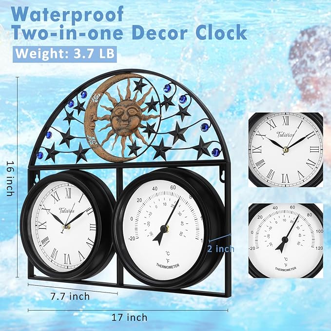 17Inch Large Outdoor Clock,Waterproof Wall Clock with Thermometer,Weatherproof Non-Ticking Quartz Battery Operated Decor Clock for Patio,Garden,Pool,Porch,House Warming Gifts