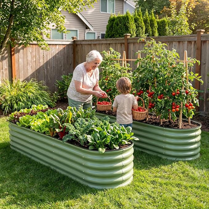 INNO STAGE Galvanized Raised Garden Bed Kits, 8x2x1.4FT Metal Raised Garden Beds Outdoor, 17'' Tall Large Steel Raised Planter Bed for Vegetables & Flowers Patio Ground Planter Box (Olive Green, 2Pcs)