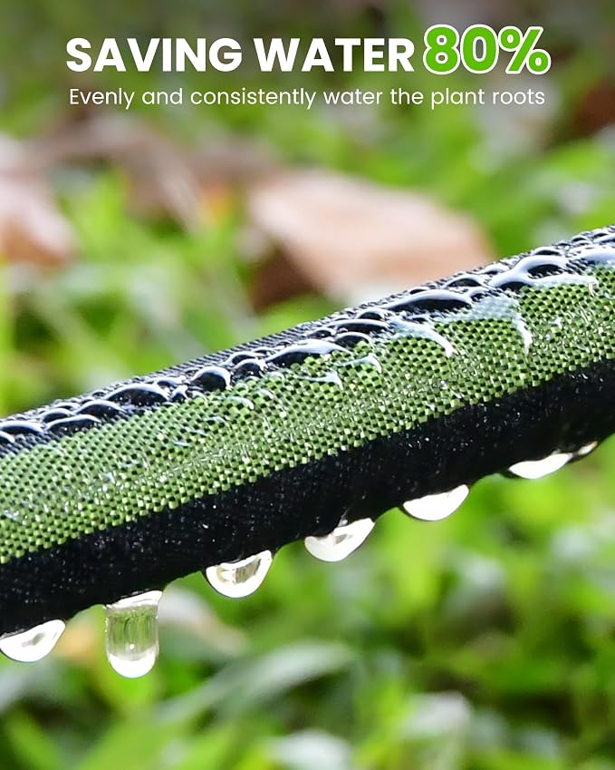 RAINPOINT 25FT Flat Soaker Hose, Flexible & Heavy-Duty Drip Hose with Anodized Aluminum Fittings, 80% Water-Saving Double Layer Gardening Irrigation Hose, Green