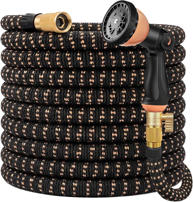 50 ft Expandable Garden Hose, Lightweight Expanding Water Hose with 10 Function Nozzle, 3/4" Solid Brass Fittings, 5-Layer Latex Core, No-Kink Flexible Retractable Hose for Patio, RV, Car Washing