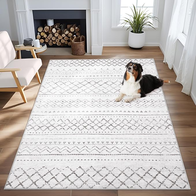 Area Rug 4x6 Geometric Rug: Washable Boho Moroccan Rugs Soft Farmhouse Rug, Modern Neutral Stain Resistant Indoor Floor Carpet for Livingroom Bedroom Dining Table Nursery(Dark Grey,4X6)