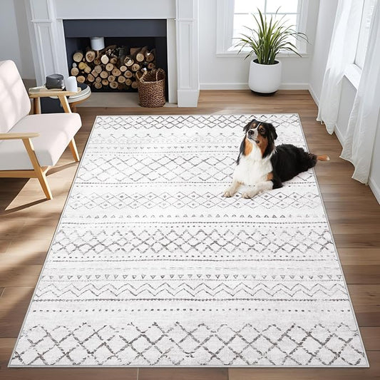 Area Rug 4x6 Geometric Rug: Washable Boho Moroccan Rugs Soft Farmhouse Rug, Modern Neutral Stain Resistant Indoor Floor Carpet for Livingroom Bedroom Dining Table Nursery(Dark Grey,4X6)