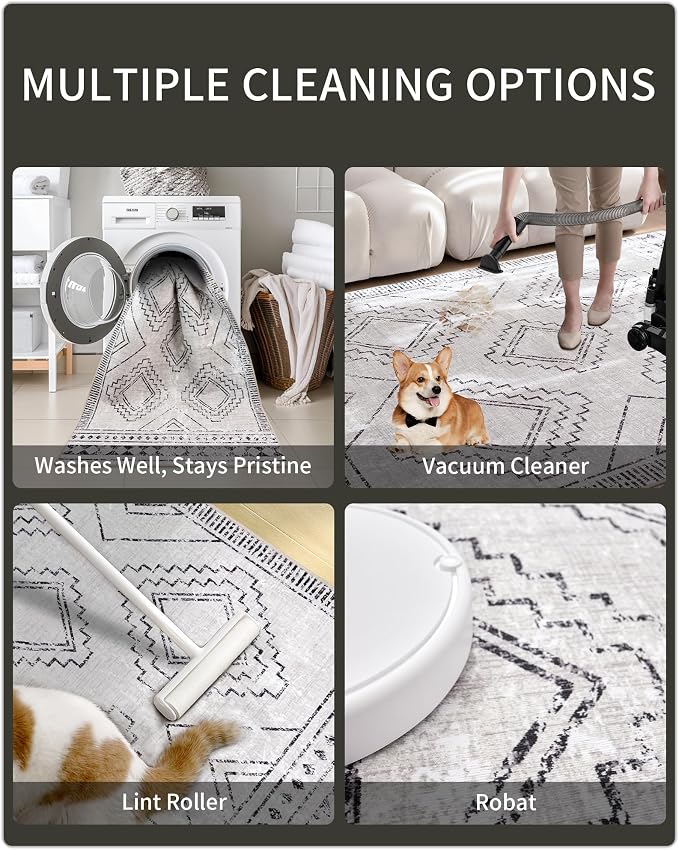 ILANGO Moroccan Area Rugs 3'x5' for Living Room Machine Washable Boho Area Rugs Dedroom with Rubber Backing Non Slip Carpet for Farmhouse Dining Room, Ultra-Thin, Foldable, Easy Clean