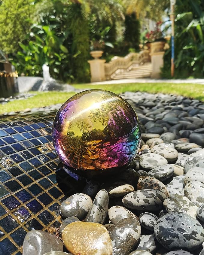 Rainbow Gazing Globe Mirror Ball, Metal Shiny Hollow Sphere Sparkling Housewarming Outdoor Ornament (6 Inch)