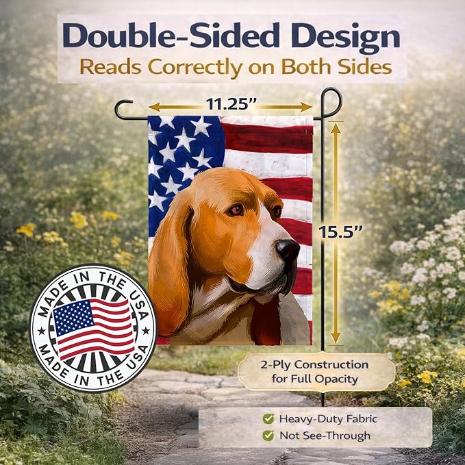 Caroline's Treasures CK6409GF Artois Hound Dog American Flag Garden Flag Mailbox Flag Decorative Yard Flag Banner Outside Patio Artwork Yard Flower Beds, Garden Size, Multicolor