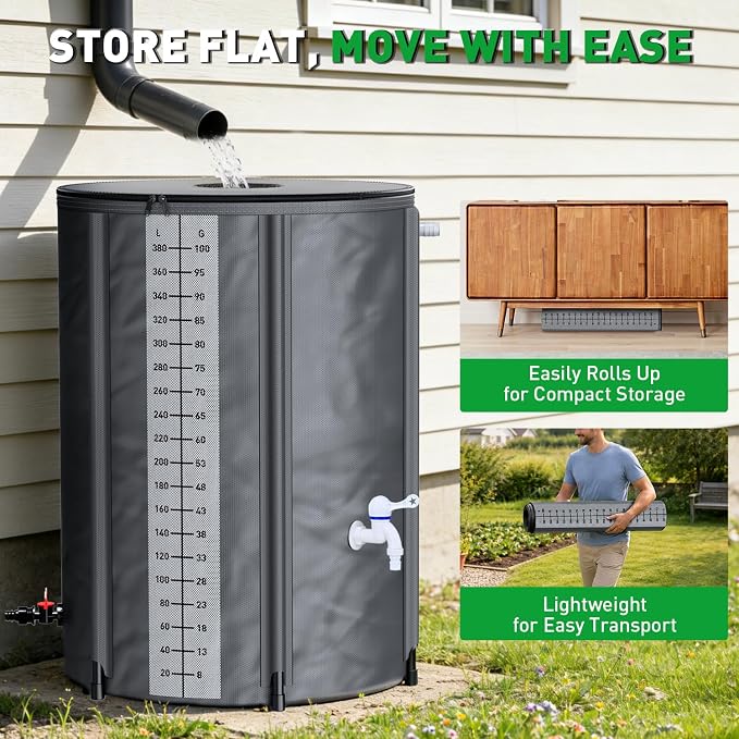 Yesker Collapsible Rain Barrel, 100 Gallon Portable Rainwater Collection System, 550D PVC Water Storage Tank, Rain Catcher with Spigots Filter Overflow Kit, Grey