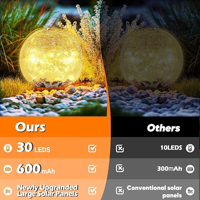 Garden Solar Ball Lights Outdoor Waterproof 30LED Cracked Glass Globe 3.9'' | 2 Pack Solar Power Ground Lights for Path Yard Patio Lawn, Christmas Decoration Landscape Warm White