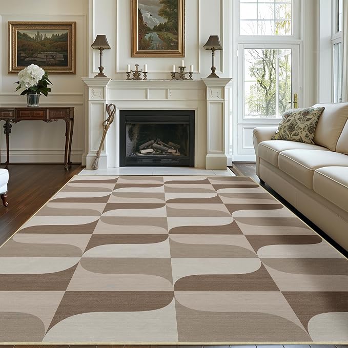 Area Rug 5x7 Modern Geometric Rug Neutral Beige Brown Abstract Mid Century Modern Rugs for Living Room Machine Washable Non-Slip Printed Low Pile Indoor Carpet for Bedroom Dining Room Office