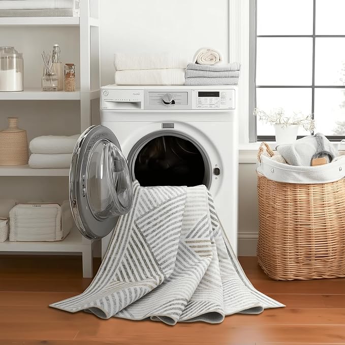 Machine Washable Area Rug Runner - Living Room Bedroom Bathroom Kitchen Entryway Office - Padded Low Pile Stain Resistant Premium - Modern Geometric Contemporary - Miles - Beige 3' x 5'