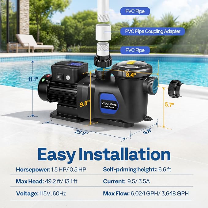 VIVOHOME 1.5HP Pool Pump Dual Speed with Remote Timer 115V | Wireless Control, Fast Self-Primming Motor, 4 Program Segment, for in/Above Ground Pools, Saltwater Pools