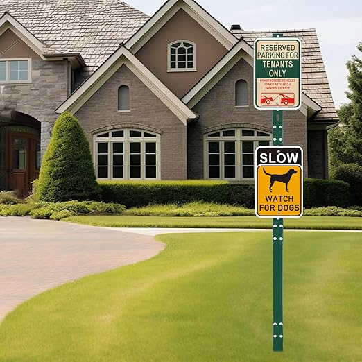 8 Ft Sign Post for Outside, Heavy Duty Yard Signs Stakes, 96 inch Metal Lawn Pole with Holes for Events, Parking, Garage, Bar, Easy Assembly,Rust-Resistant Durable DIY 2Pcs Green