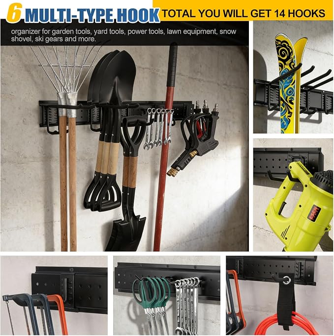49.5'' Garage Tool Organizer Wall Mount Load 520Lbs with Heavy Duty 14Hooks | 520lbs Heavy Duty Garden Tool Organizer, Garage Wall Organizer for Garden Tool Yard Tool Shovel Rake Broom Ladder