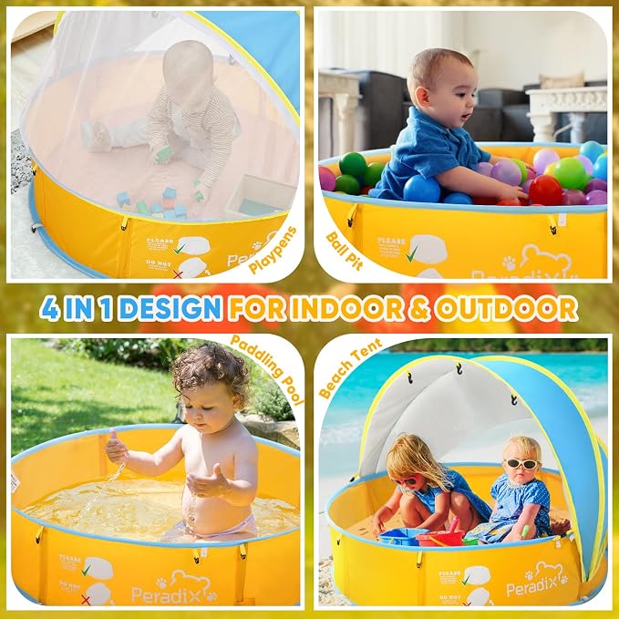 Peradix Baby Beach Tent, Paddling Pool for Kids & Pets with UV Sun Shelter Canopy, Mosquito Net - Portable Pop Up Infant Ball Pit Tent, Toddler Wading Pool, Perfect for Summer Beach Fun