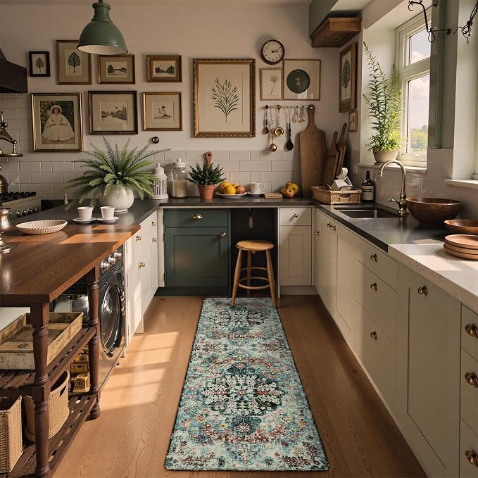 Lahome Reine Bohemian Floral 2'8" x 8' Washable Hallway Runner Rug, Non Slip Kitchen Carpet Runners, Turkish Soft Pet Friendly Stair Mat for Bathroom Laundry Room Sunroom, Teal