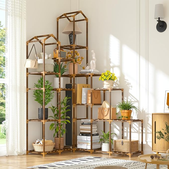 EnHomee 73.6" H Plant Stand Indoor Outdoor Tall Plant Shelf for 17-23 Pots Corner Tiered Plant Stands for Multiple Plants Wood Hanging Plants Holder for Garden Balcony Patio Window Porch