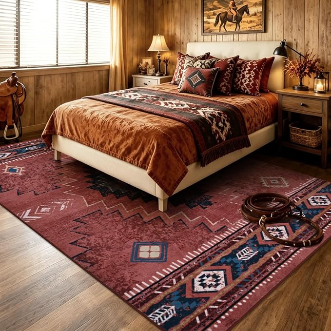 Yinhua Western Living Room Rug 5x7, Washable Area Rugs for Bedroom, Rust | Low-Pile Area Rug Non-Slip with Rubber Backing, Fall Non-Shedding Carpet for Dining Table Office Nursery