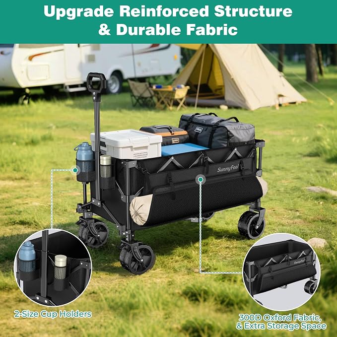 SUNNYFEEL 300L Wagon Cart Foldable - 550LBS Heavy Duty Collapsible Wagon with Big All-Terrain Wheels & Brakes, Extra Large Folding Utility Wagon for Camping, Grocery, Sports, Garden, Beach, Black