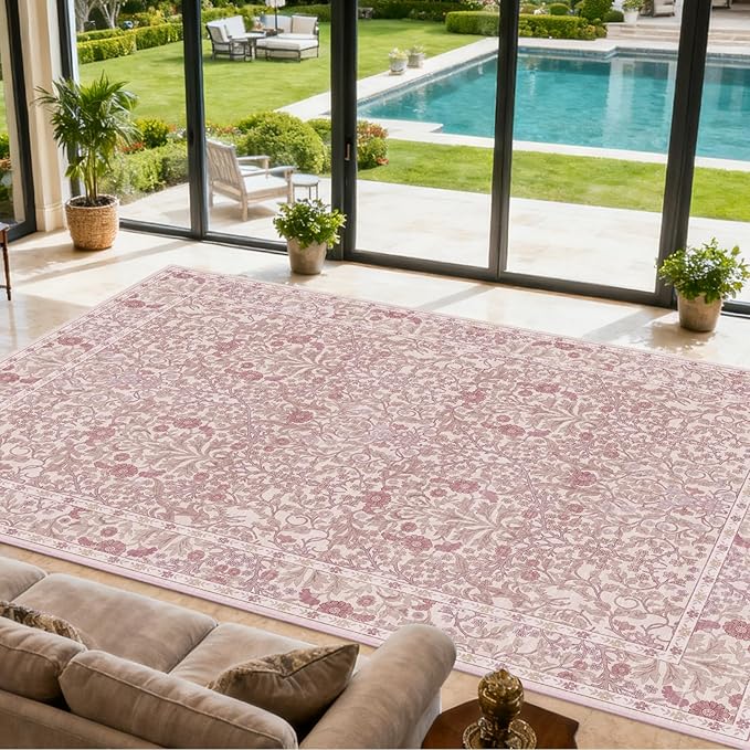 Area Rug for Living Room, 10x12 Large Washable Rugs for Dining Room, Bedroom, Non Slip Stain Resistant Carpet, Low Pile Vintage Floral Rug (Pink)