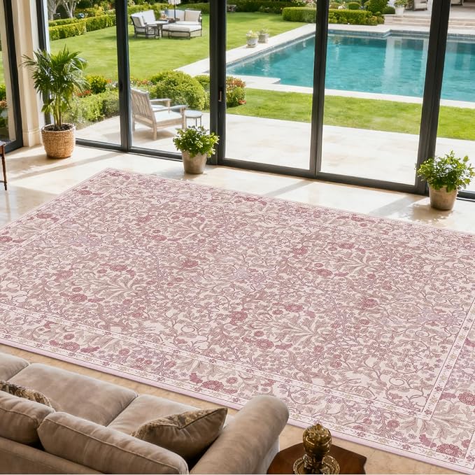 Extra Large 10x14 Area Rug for Living Room, Washable Rugs for Dining Room, Bedroom, Non Slip Stain Resistant Carpet, Low Pile Vintage Floral Rug (Pink)