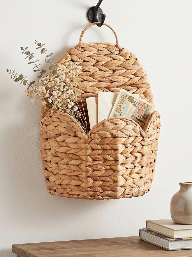 2 PC Door Basket Scalloped Hanging Storage Basket,Water Hyacinth Woven Wall Baskets for Front Door Decor, Hangable Storage Organize for Flowers,Planter,Mails,Wicker Baskets for Organizing -Braided & L
