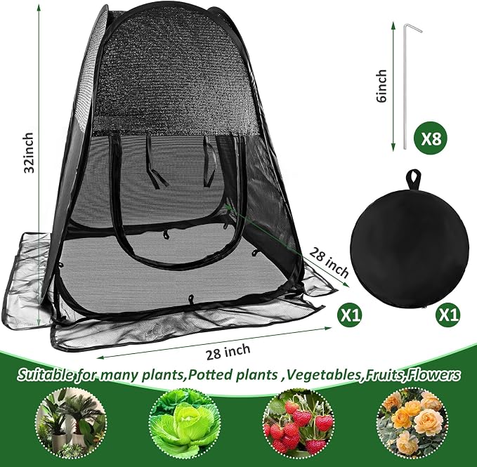 Pop up Plant Shade Tent, Plant Shades for Outdoor Plants Mesh Plant Cover with 8 Stakes Pop up Gardening Net Cover with Zipper Door Pest Guard Cover Protect Outdoor Plants from Animals（ 28x28x32in）