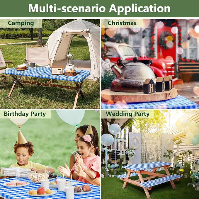 Picnic Table Cover with Bench Covers and Bag, Camping Table Camping Essentials Cover with Elastic Edges, 72x30 Inches 3 Pcs Set (Blue)