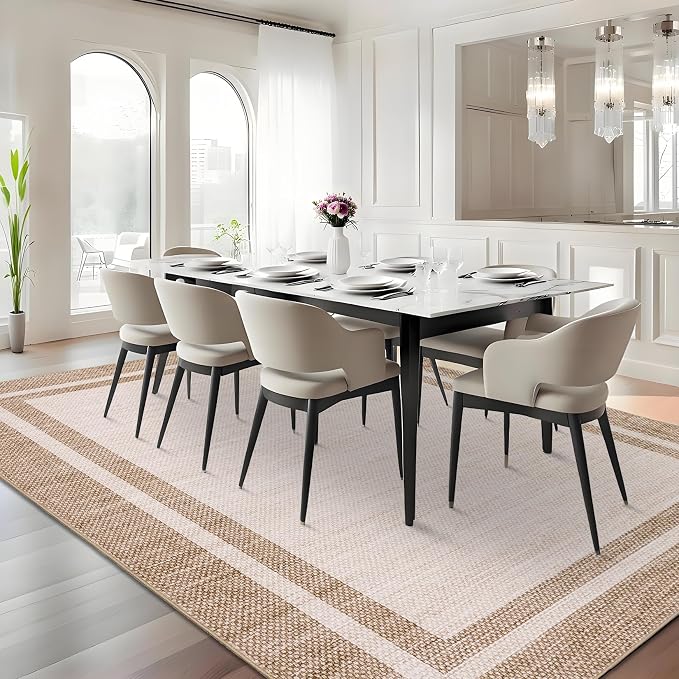 COZYLOOM Area Rugs 10x13 Large Living Room Rug with Rubber Backing, Beige | Washable Modern Bordered Stain Resistant Non Shedding Low Pile Soft Foldable Mats for Bedroom Dining Room Office