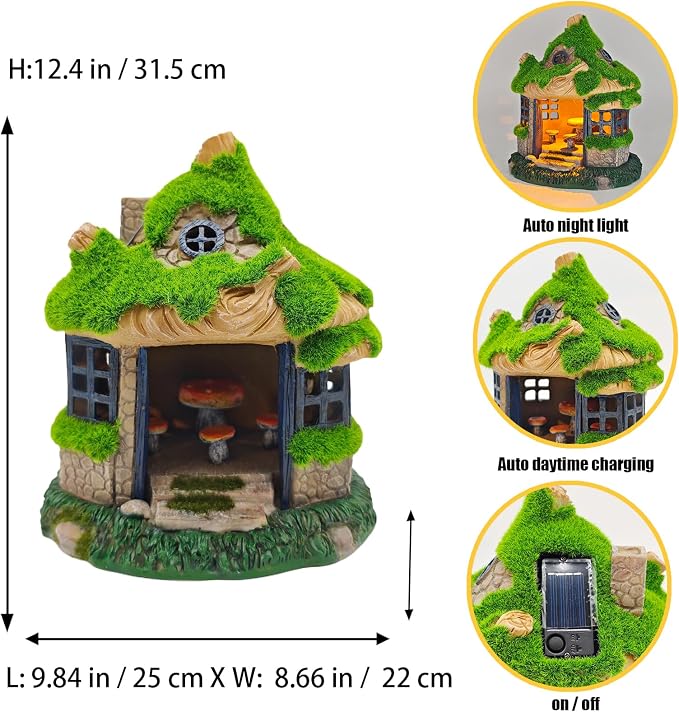 COWOS Fairy Garden House, Flocked Moss Miniature Cottage for Outdoor Yard Decor, Weather-Resistant Resin Forest House with Mushroom Furniture, Fairy Garden Accessories for Patio, Lawn, Home, and Gift