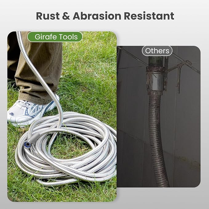 Giraffe Tools Garden Hose 100ft x 3/4", 304 Stainless Steel Metal Water Hose, No Kink Garden Water Hose with 9 Pattern Spray Nozzle, Flexible, Lightweight, Kink Free Hose for Yard, Outdoor