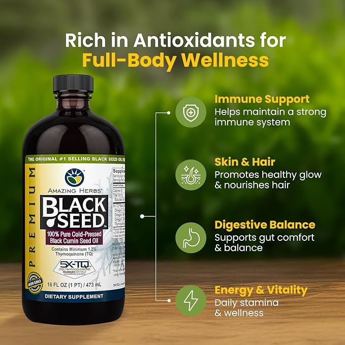 Amazing Herbs Premium Black Seed Oil - Cold Pressed Nigella Sativa Aids in Digestive Health, Immune Support, Brain Function, Joint Mobility, Gluten Free, Non GMO - 16 Fl Oz
