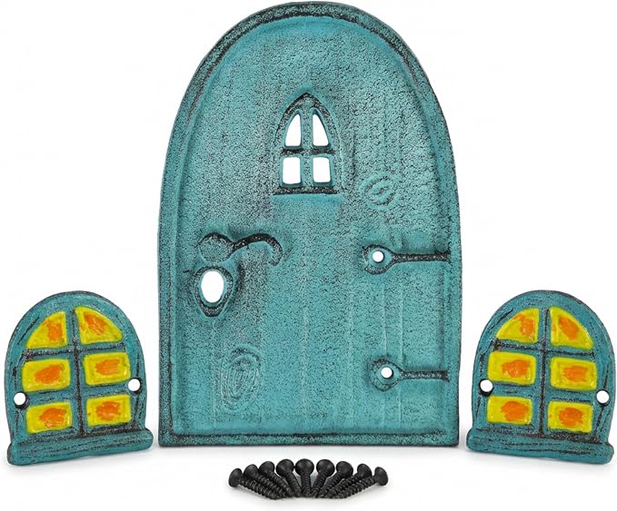 Lulu Decor, 100% Cast Iron Fairy Garden Decor Set Fairy Garden Accessories Including Branch Style Welcome and Fairy Door with Window