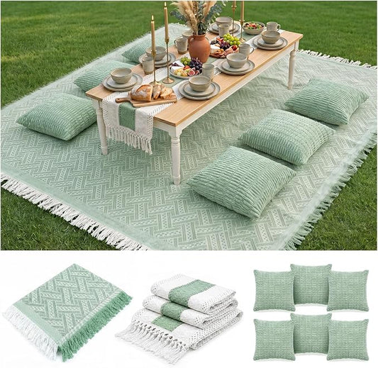 Extra Large Outdoor Rug Boho Picnic Blanket with Table Runner and 6 Throw Pillows Covers for Outdoor Essentials Beach Accessories Basket Set Oversized Manta Yard Outside Mat Wedding Party Decor