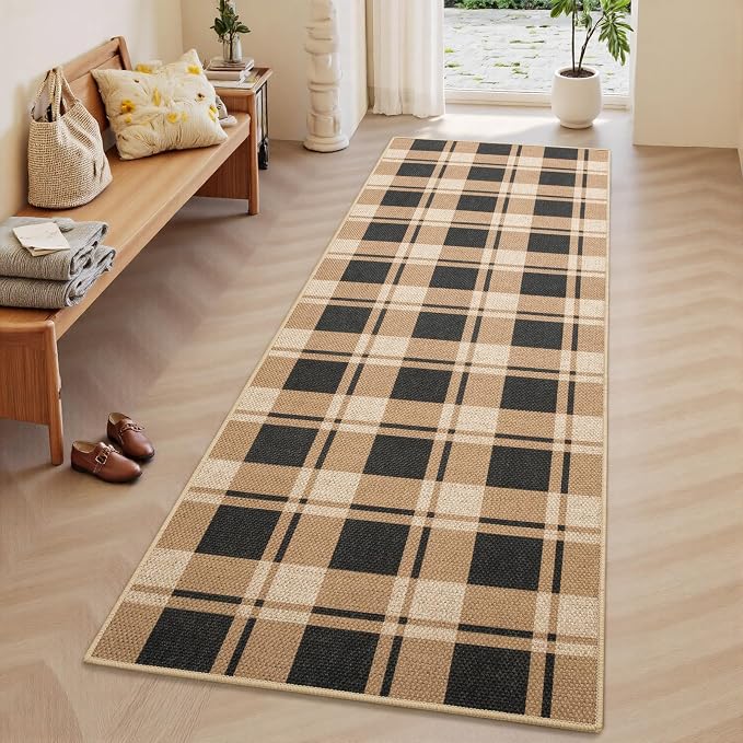 2x6 Checkered Jute Runner Rug for Kitchen Indoor Floor Area Carpet | Washable Jute Area Rug With Non-Slip Backing, Low-Pile Texture, Farmhouse Geometric Pattern In Neutral Brown/Black, Durable