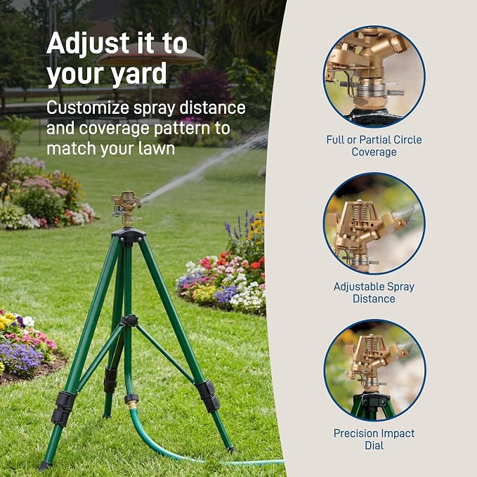 Orbit 1/2 Inch Brass Impact Sprinkler - Adjustable Metal Tripod - Long Range Lawn Watering System - 360 Degree Rotating Sprinkler - Heavy Duty Irrigation System - Adjustable 22-48 Inch Height - 58308