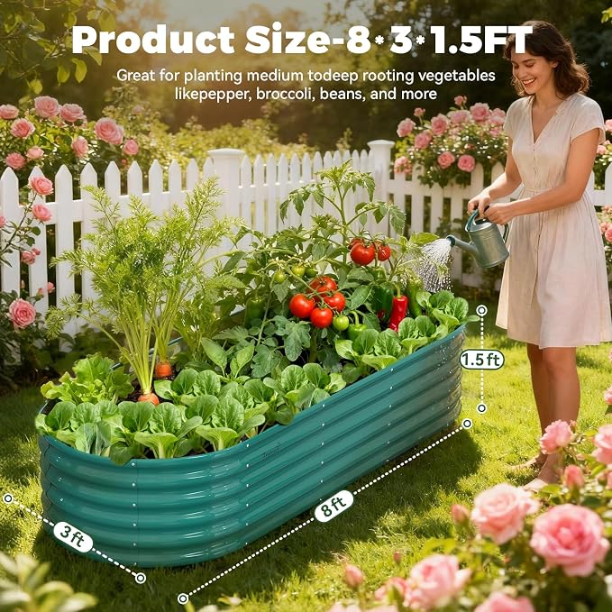 8x3x1.5ft Galvanized Raised Garden Bed, 18" Tall Metal Raised Beds for Gardening, Large Planters Boxes for Outdoor Plants Vegetables, Flowers, Herbs & Tomatoes, Above Ground Garden Beds Kit, Green