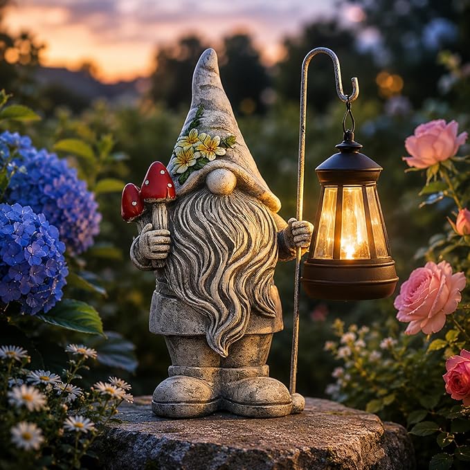 Garden Gnome with Solar Lantern: Outdoor Weatherproof Statue | Home Yard Lawn Porch Balcony Patio Decor,Birthday Gifts for Mom Women Grandma