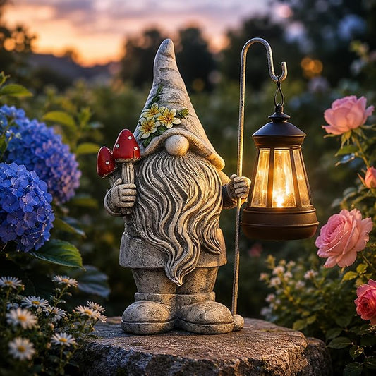 Garden Gnome with Solar Lantern: Outdoor Weatherproof Statue | Home Yard Lawn Porch Balcony Patio Decor,Birthday Gifts for Mom Women Grandma