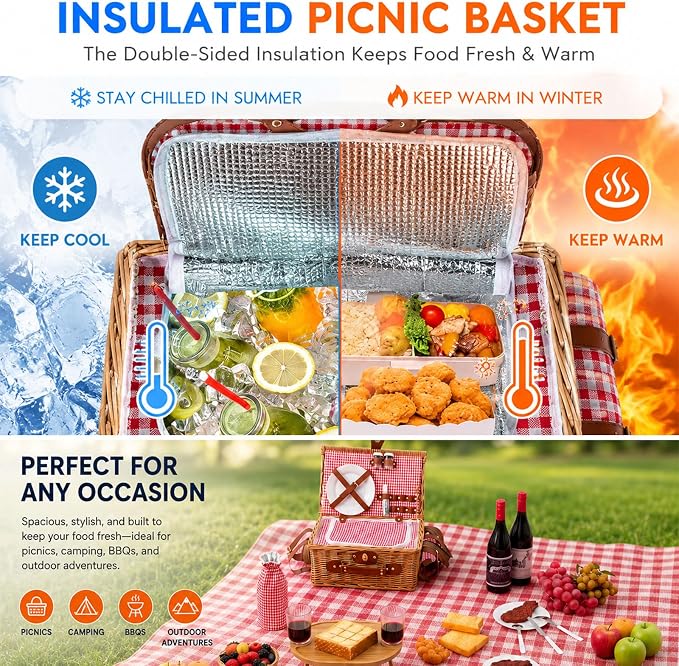 Wicker Picnic Basket Set for 2 with Foldable Table, Blanket, Insulated Liner, Large Handmade Willow Hamper Basket Sets with Cutlery Kit for Outdoor Camping Couples Wedding Bridal Shower Gift