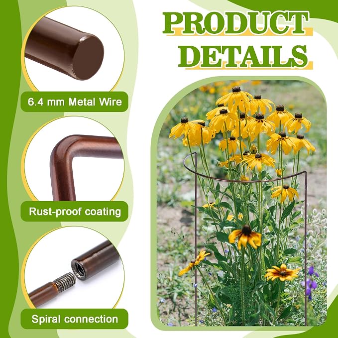 Vercraft 4 Pack 18 x 35 Inch Half Round Plant Support Stakes 1/4 Inch Heavy Duty Rustproof Metal Plant Cage, Weather Resistant Half Circle Garden Border Rings for Peony Hydrangea Rose Outdoor Flowers