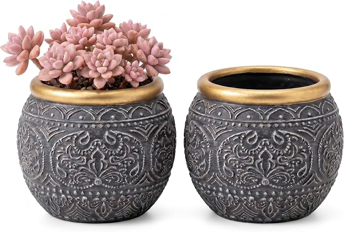 2Pcs 5.9 Inch Cement Planters, Vintage Planter with Gold Rim and Drainage Holes, Decorative Indoor Containers for Succulents, Herbs, Home & Office
