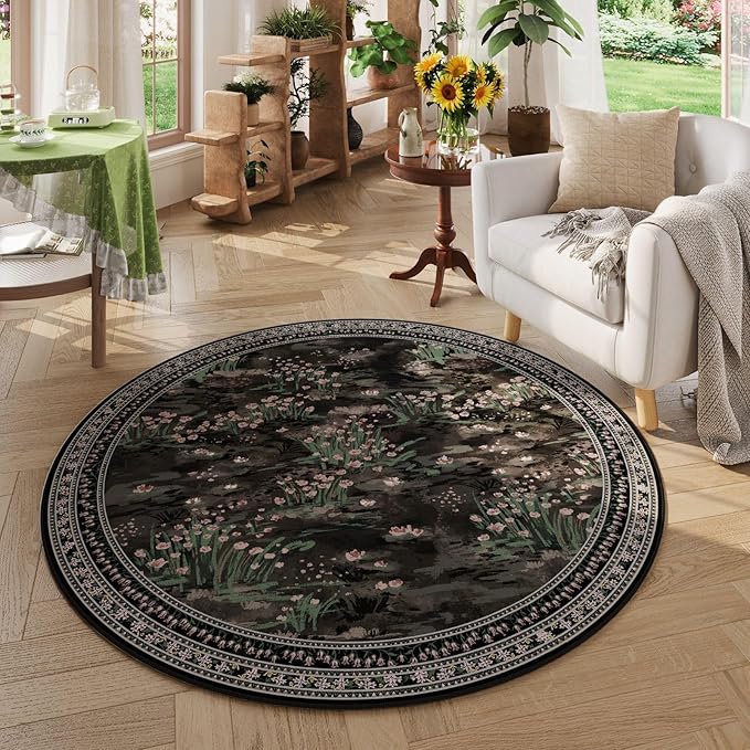 Rugcomf Circle Rug Impressionist-Style Vintage Round Rug 4ft Non Slip Low Pile Small Circular Rug for Bedroom Bathroom Entryway Kids Room Office College Dorm, Black