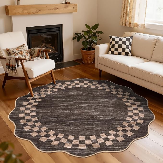 GarveeHome 6ft Washable Round Rug for Entryway Checkered Bedroom Circle Rug | Non Slip Modern Dining Room Round Throw Carpet Large Stain Resistant Border Round Rugs for Living Room Kitchen, Brown
