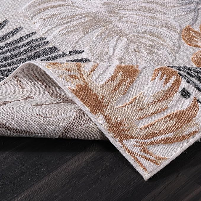 CAMILSON Indoor Outdoor Rug, Yellow 6’x9’ Leaf Tropical Botanical Area Rugs for Indoor and Outdoor patios, Easy-Cleaning Non-Shedding Living Room, Garden and Kitchen Washable Outside Carpet (6x9)