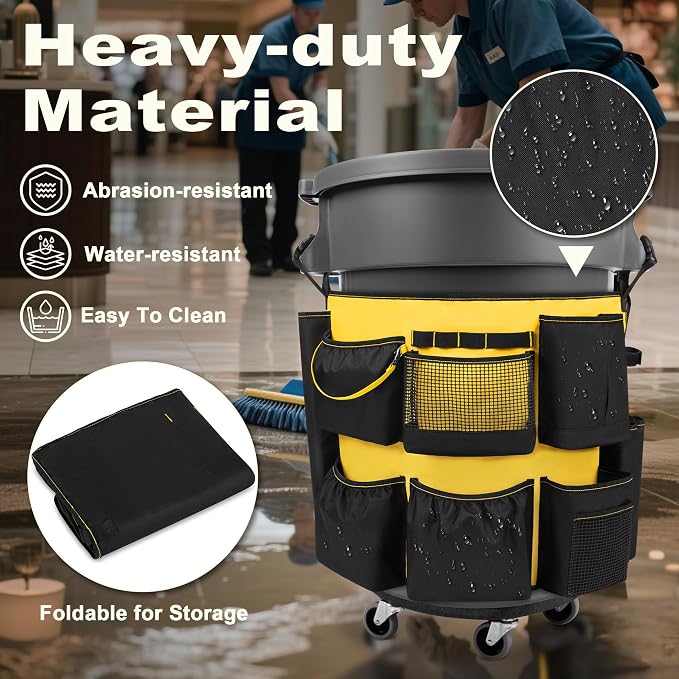 HODRANT 32-55 Gallon Trash Can Caddy Bag with Multi Pockets for Clean Tools | Garbage Bin Apron Caddy, Cleaning Tool Organizer with Adjustable Buckle for Janitorial Trash Can, Black+Yellow