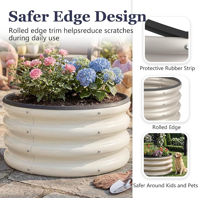 2 x 2 x 1 ft Round Raised Garden Bed, White 2 Pack 12 in Deep Galvanized Steel Planter Box with Safety Edge Trim for Vegetables Flowers Herbs Backyard Patio Outdoor Garden