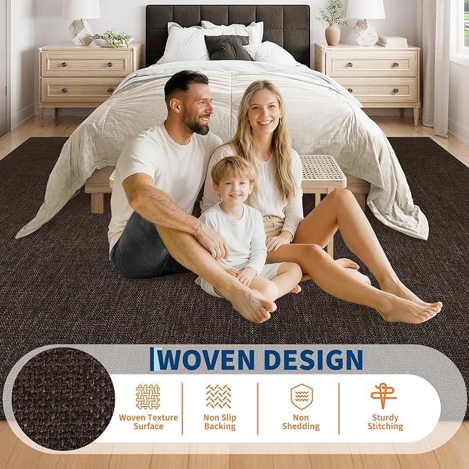 Garvee Modern Solid Washable Rug 8x10 Area Rugs for Living Room Brown | Woven Textured Ultra-Thin Rug Non Slip Non-Shedding Indoor Floor Mat Foldable Farmhouse Carpet for Bedroom Office Dining Room