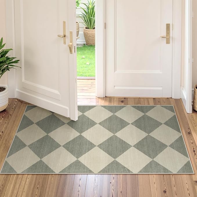 Beeiva Checkered Rug Runners for Hallways Non Slip, 2x4 Washable Runner Rug for Kitchen Ultra Thin Green Entryway Runner, Gingham Diamond Decor Farmhouse Throw Carpet for Bathroom Laundry