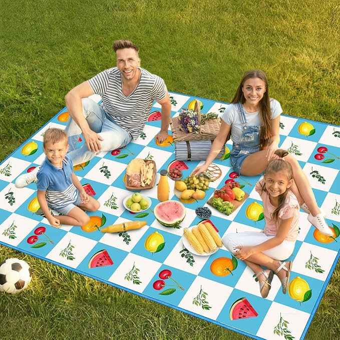 Checkered Picnic Blankets Waterproof Foldable, 60″X80″ Packable Picnic Mat Fruit Outdoor Blanket for Grass, Large Beach Blanket Sandproof Picnic Accessories for Camping Music Festival Park Lawn Travel